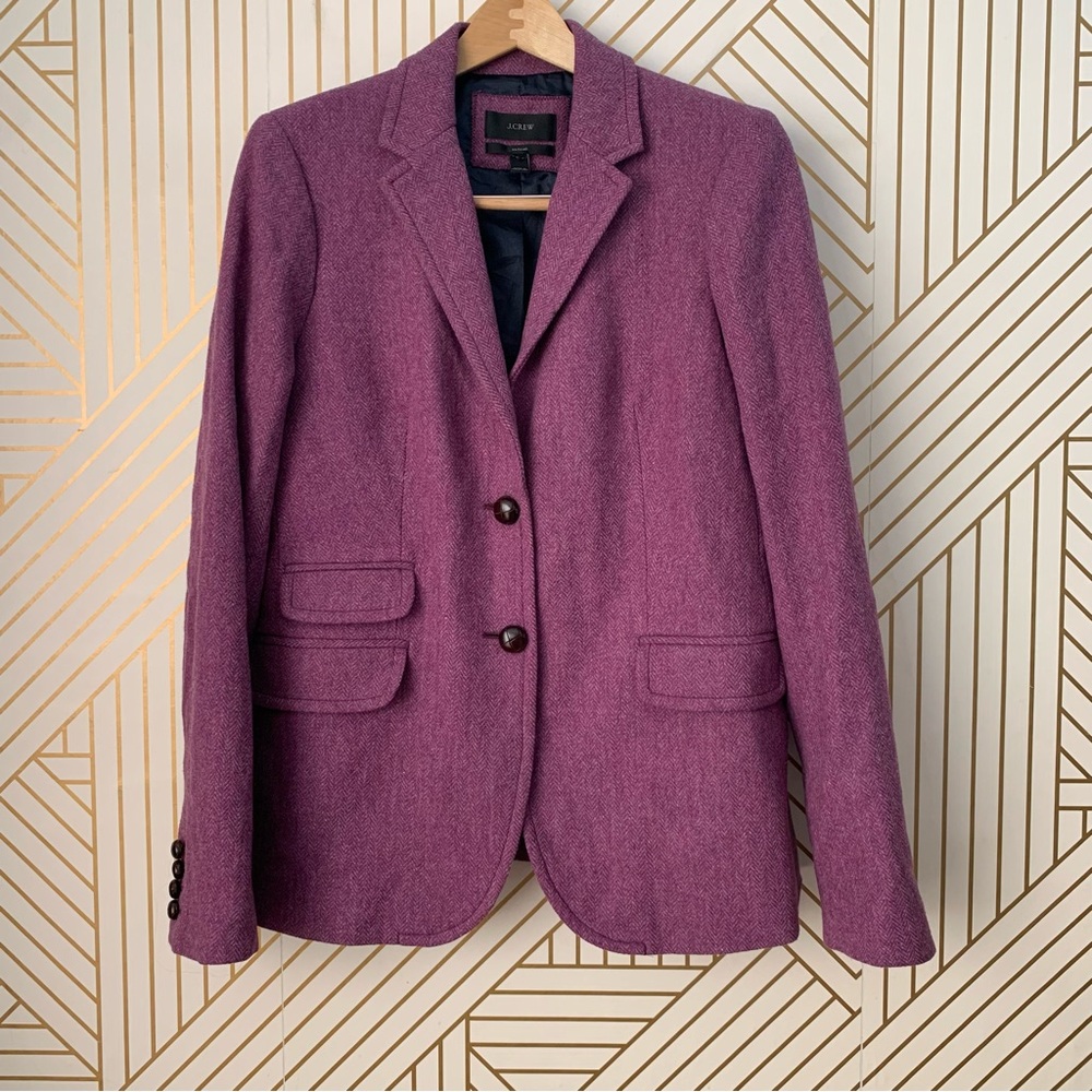 J. Crew 100% Wool Hack-ing Jacket Herringbone 
Tweed purple leather buttons 14 - Picture 3 of 9